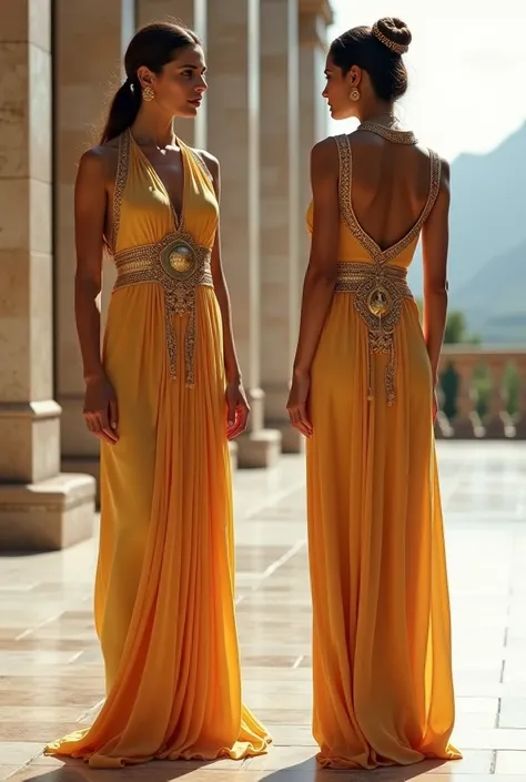 Create both front and back view of an ensemble inspired by the ancient greek garment called choton. The ensemble must have details inspired by ancient Greek elements like architecture, jewellery, artefacts, sculpture, coinage, paintings, etc. 