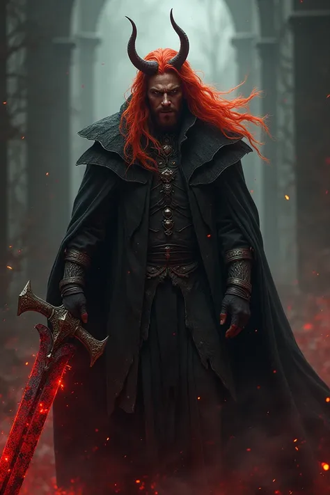 A men long red hair, devil eyes, evil smile, Holding Heavy sword, Blood magic, Demon Lord