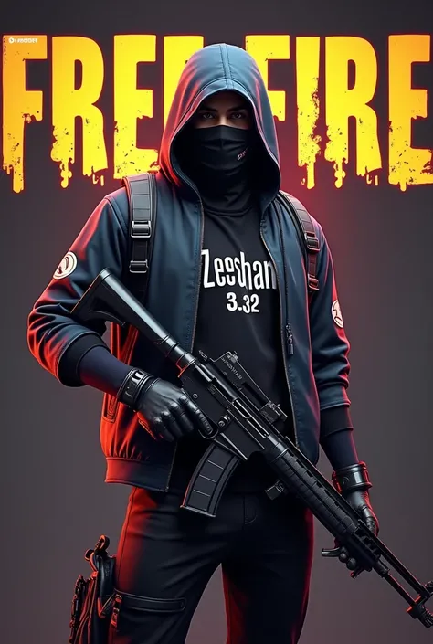 A free fire game character which holding a rifle gun in cool outfit and wearing a mask and wrote FREE FIRE in background more realistic without hoodie also wrote name ZEESHAN in shirt