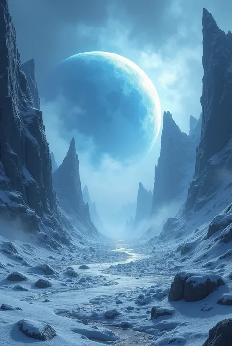 Frosted Moon: A barren moon, blanketed in frost, surrounded by a swirling storm of icy fog. Large, jagged rock formations rise from the moons surface, and in the distance, an enormous, glowing blue planet looms in the mist, as if watching over the scene.