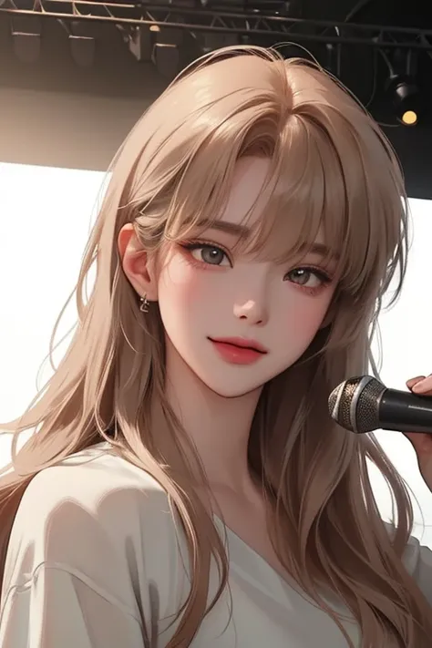 ((Hold mic her hand while sing on stage)) smile with open mouth Low angle, full body,(white crop tops) (best quality, ((masterpiece)), 8K resolution, Semi-realistic, cinematic lighting, beautiful detailed eyes), cute,1 woman,korean,((Blunt bangs)), 25-year...