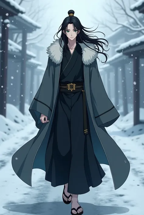  Japanese anime style，A young man ， Black Chinese Hanfu ， long black hair ， green eyes，Cold Road ， Fluff-Trimmed Grey Robe， look indifferent， Walking in the Snow ， pale skinned 