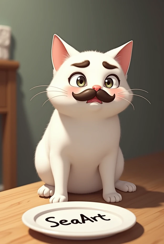 meme, white cat looks back in surprise after a plate with "SeaArt" written on it falls and hits it, patterns like Maro eyebrows, patterns like moustache, cute, super deformed, movie and anime style, funny fantasy art, various effects, 2.5D, digital graphic...