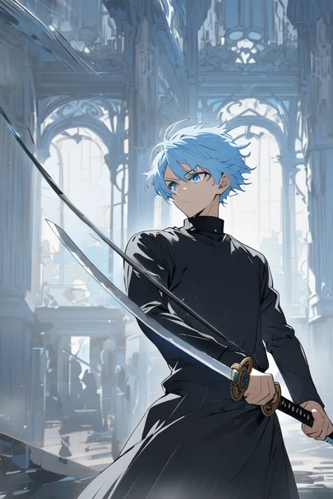 Male anime character, light blue hair, blue eyes, light blue, wearing black male school dress, collar, turtleneck,See half of the body,Casual look,Holding a Katana sword, standing with a fight ,