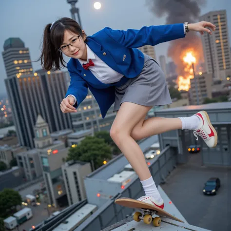 A Beautiful Japanese girl, Riding a Skateboard with superpowers from the roof of a skyscraper to the roof of the building next door , Black hair, Short ponytail, beautiful legs, big breasts, real photo, super moon, Wearing Blue-blazer on a white-V-neck Shi...