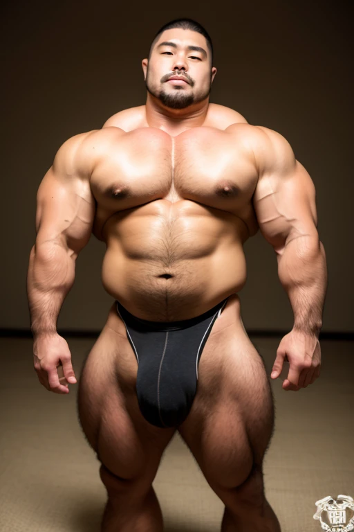 Japanese middle-age male, skinhead, shaved head, short goatee, bulky, muscler man, thick body