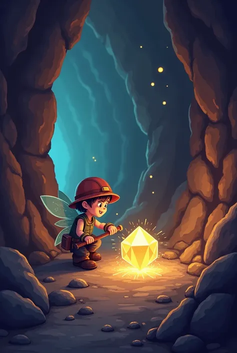 The payoff of perseverance: A pixielike miner chipping away at rock, discovering a massive gem glowing just below the surface.