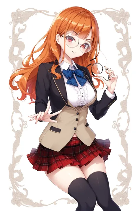 An illustration of a 17-year-old female character with long, straight orange hair wearing round glasses with a white frame,And ruby red eyes ,And wearing a womens black blazer with a white blouse underneath a black plaid skirt ,And black socks shes holding...