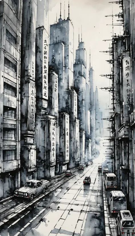 日本のInk Painting, Ink Painting, Ink Painting, 日本のInk Painting,  skyscrapers , Metropolis, paved road,Machine City, Cyberpunk 