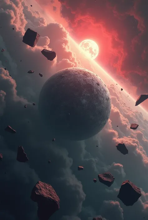 The Shattered World: A once-mighty planet, now reduced to floating fragments drifting through space. Thick clouds of ash swirl around the remnants, while nearby, a burning red star lights up the scene, casting ominous shadows across the debris.