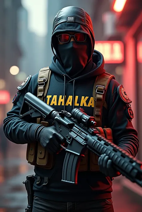 A free fire game character which holding a rifle gun in cool outfit and wearing a mask and wrote FREE FIRE in background more realistic also wrote name TAHALKA in shirt