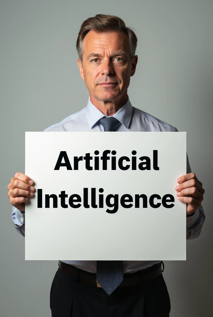 A picture of Robert holding a banner that says artificial intelligence 