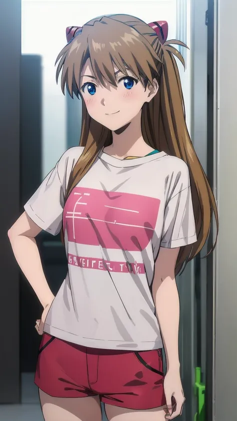 ((( pixel perfect, perfect detail))),  one girl , Alone, the above,  Asuka Langley Soryu , ( Soryu Asuka Langley:1.2),、(blush、smile)、Long Hair, bangs,  blue eyes,  brown hair, Hair accessories, (T-Shirts、 hotpants)、whole body