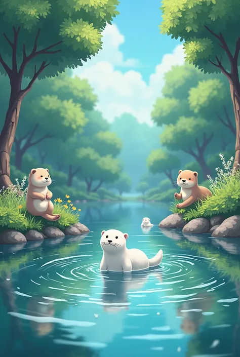 I want a beautiful landscape with otters swimming and I want at least one otter to be albino the image may be in anime