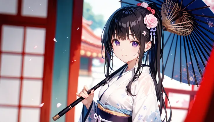 a picture of a asian woman holding an umbrella while indoors and dressed in kimono, 1girl, solo, chitanda eru, japanese clothes, kimono, umbrella, black hair, long hair, purple eyes, looking at viewer, holding, smile, bangs, holding umbrella, hair ornament...