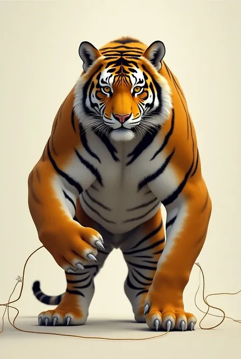 A tiger facing the fore of a stand bearing the ancastala logo in hand. And his body was surrounded by a string 