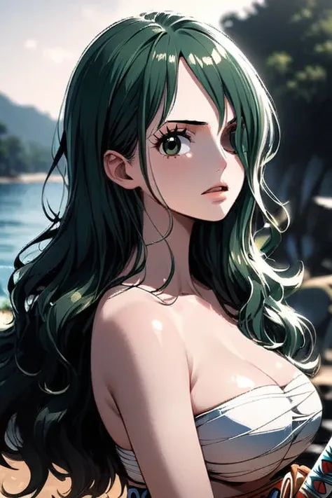 masterpiece, best quality), intricate details, 1 girl, woman, green hair, nami  (one piece), (long hair), shirt, white shirt, female focus, clothes, orange colour kimono, sarashi, nature, scenery, upper body, straw hat, ((front view)) ((close up shot)) ((s...