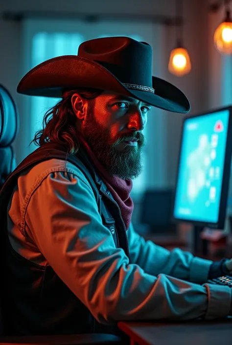 Un pirate informatique au texas avec un pc haut de gamme avec une allure de cowboys. Ajoutez un bandana au visages. Il es en train de piraté sur un Pc haute technologie 