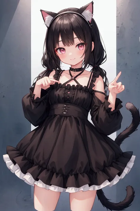  girl、smile、 with makeup、Shine、 black hair、 cropped bangs 、 short twin tail 、 cat ear headband、 cat tail、Mine system、Black ruffle dress、 miniskirt that snaps around the knee、 Reach Out