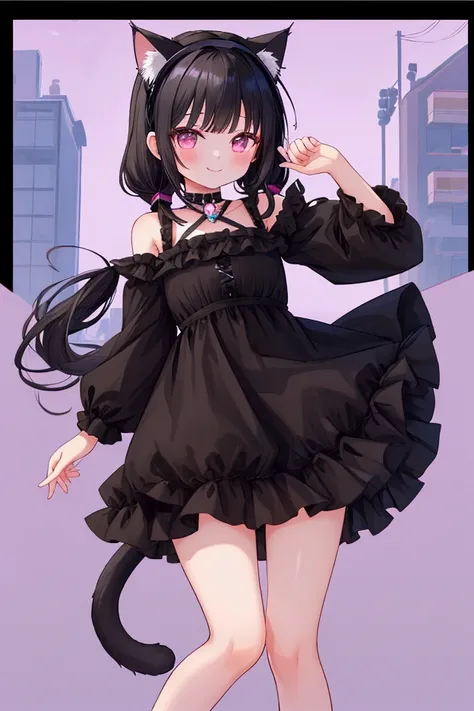  girl、smile、 with makeup、Shine、 black hair、 cropped bangs 、 short twin tail 、 cat ear headband、 cat tail、Mine system、Black ruffle dress、 miniskirt that snaps around the knee、 Reach Out