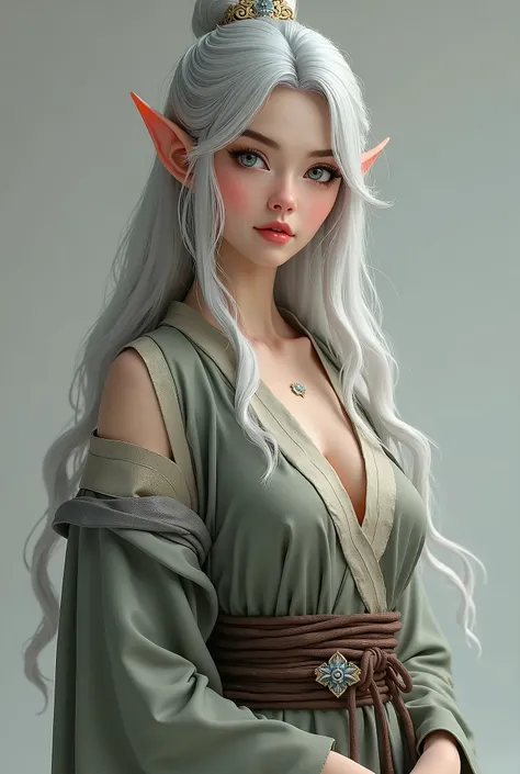  Create the image of an elf,  silver hair , HD, realistic, 4K, Taoist clothing , grayish blue eyes, 18 years old, imagem realistic,  Big breasts