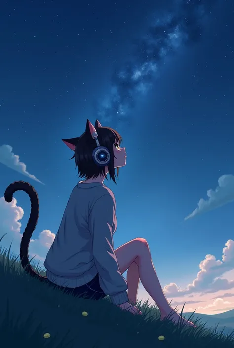 Anime cat girl  , 30 years old, 170cm tall  ,  sits on a hill looking at the stars , wearing a sweatshirt and shorts, she has headphones on her head ,  hands are on the grass,   good quality 