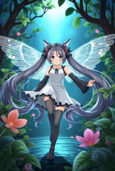 (masterpiece、 best quality、 best quality、 Official Art、 beautiful and beautiful :1.2)、( one girl :1.3) Hatsune Miku、 twin tails, Beautiful breasts, best quality, masterpiece,  Sparkling Cute Fairy Girl, Adorable smile、 Fairy Wings ,  Light Blue Long Hair 、...