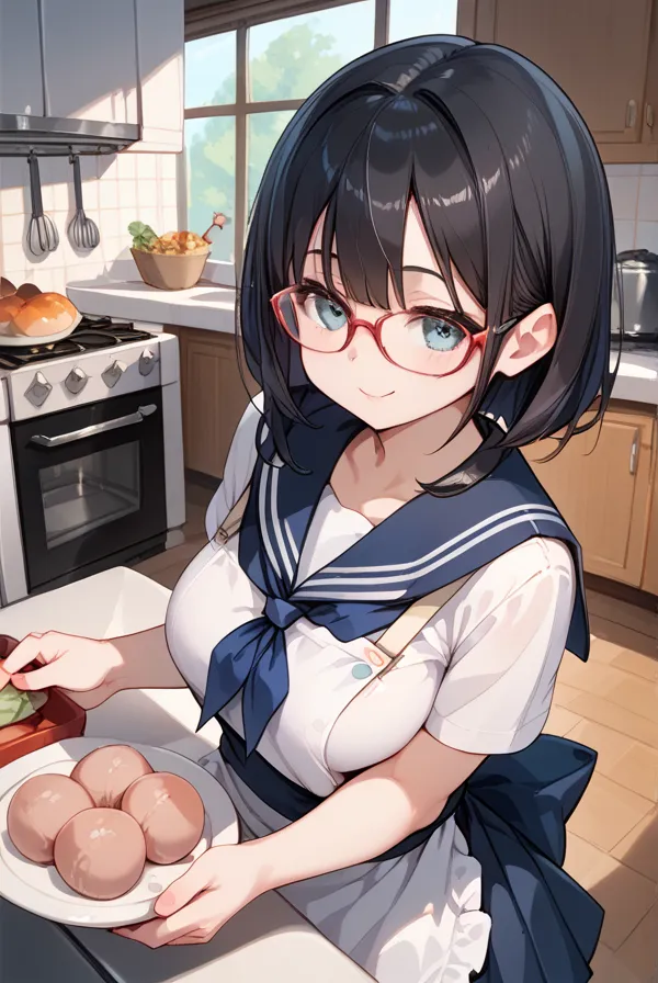 Black hair, glasses, sailor uniform, apron, Japanese high school girl, kitchen making rice balls
