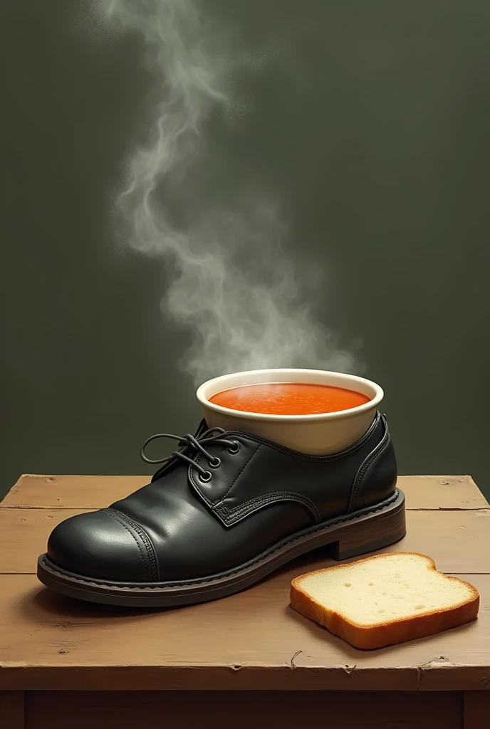 Food in school girl shoe, Soup in shoe , sweaty shoe ,   soup in shoe on the table with bread