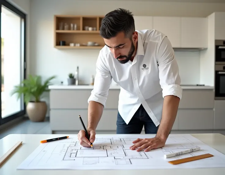 The task is to design an image using AI of an engineer in his late thirties, standing in a modern kitchen showroom.
- The engineer should have distinctive Arab features.
- The engineer should be dressed in specific attire: a white shirt with the stores nam...