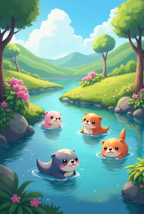 I want a beautiful landscape with Otters swimming all the others are different in color I want the Otters very Kawaii the image may be in anime