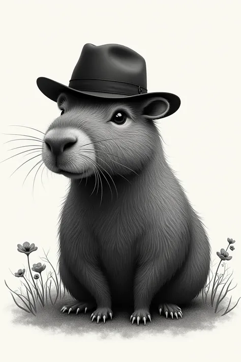 Generate an invitation card with a black and white capybara with a hat with a text being "CAP Studios "