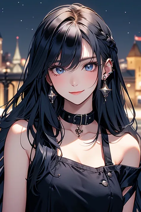 (  26-year-old mature woman  ), ((( Watch 1 female ,Alone))), (  Pale peach skin ), ( Blue blue sapphire hair ), ( Long hair in a castle ), (  dull lighted bangs  ), ( Navy blue eyes  ), ( big ), ((  Her costume is a black neck collar dress ,  A quiet park...