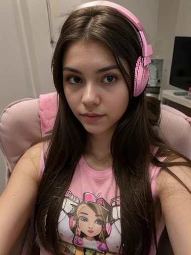  Photo of a 20-year-old brunette woman, who has a very natural face,  thin lips, Thin Eyes, thin eyebrows, nose fine, toys,  long lashes. She takes a cute photo in a gamer chair, using pink gamer headset