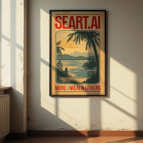 A vintage poster on the wall with text "SEAART.AI more N.S.F.W than the others" High Resolution, Simple background,  Art Nouveau