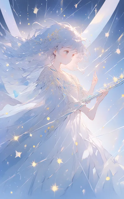 Investigating meteors "A dreamy, soft illustration of a unique girl playing a crystalline harp, each string a beam of starlight. Her hair flows like a river of night, filled with glowing fireflies and miniature planets. As she plays, shooting stars arc acr...