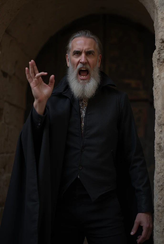 Vampire man,  Arabic-style white beard ,  bright red eyes , rage open mouth gesture , long sharp fangs, black skin like ebony and an extremely thin body. Ropa arabe hecha jirones por el paso del tiempo.  In the background a very dimly lit crypt . High reso...