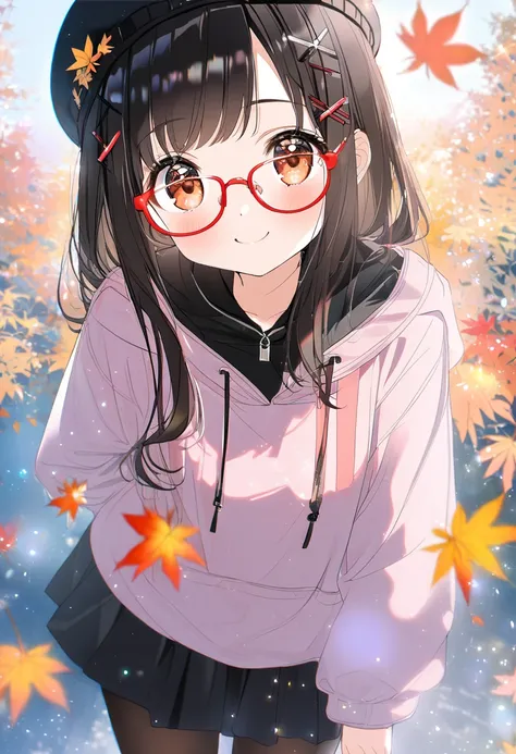 1girl, , brown eyes are shining and cute, black hair, long hair, extremely detailed neat hair,Straight hair, tareme, ((red-rimless eyewear:1.2)), star earrings, medium breasts, smile, blushful, BREAK looking at viewer, long sleeves, hair ornament, hat, ple...