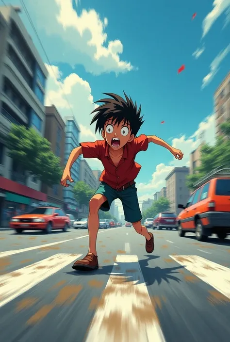 It illustrates a boy staggering while crossing the road. In anime.