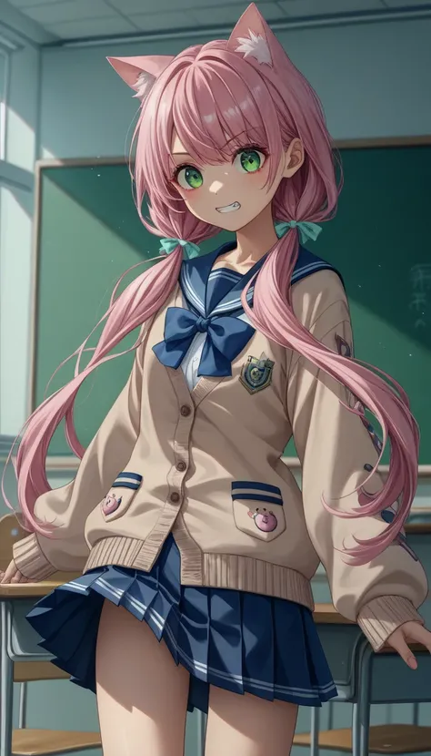  cute girl、 pink hair、low twintails、( long twin tails)、Pink cat ears、Green Eyes、( navy blue sailor suit )、(pink school ribbon :1.2)、 Long Sleeve 、(Beige cardigan with extra long hem)、 navy blue pleated skirt、tooth、(classroom)、( colorful な髪留め)(round barrett...