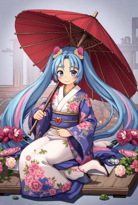 (masterpiece、 best quality、 best quality、 Official Art、 beautiful and beautiful :1.2)、( one girl :1.3) Hatsune Miku、 twin tails, Beautiful breasts,masterpiece,  best quality,  1 girl, Alone, umbrella, japanese clothes,  blue eyes, kimono, oil-paper umbrell...