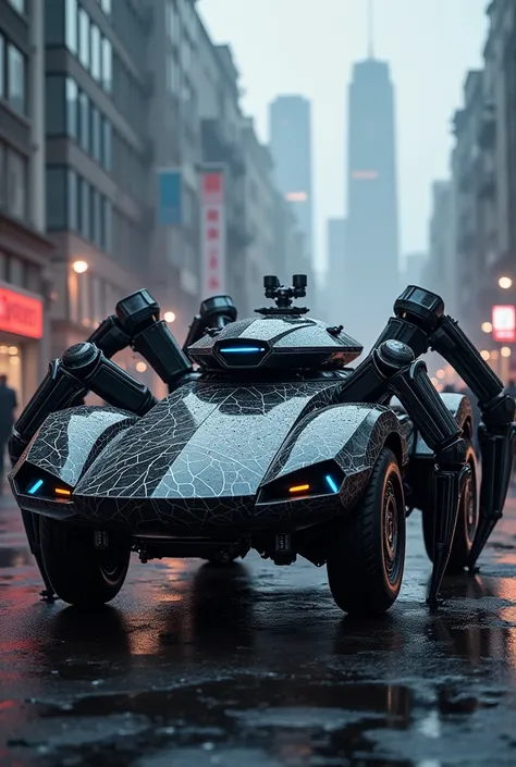 A futuristic, fully customized tank designed with a venom-themed aesthetic, inspired by venoms costume. The tank features a sleek black and white color scheme with black web-like patterns across its armor plating. The turret is shaped to resemble a spiders...