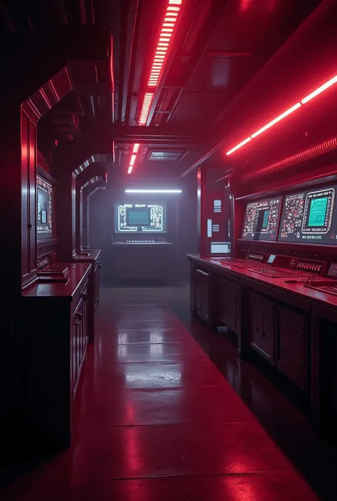 A dark technological room with red and purple lighting