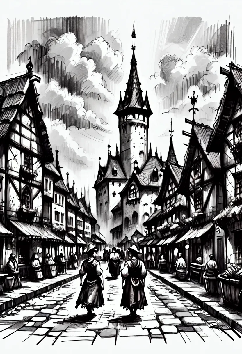 "imagine a medieval village in a decaying and gloomy atmosphere, depicted as a rough, early sketch in black and white. the marke...