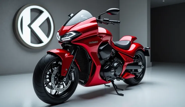 Generate a high-resolution, fully realistic image of a (Kawasaki Vulcan 1600) in (red), with a sleek and modern exterior, futuristic wheels, and a shimmering body color, displayed in a luxurious showroom with a large logo on the back wall. The bike should ...