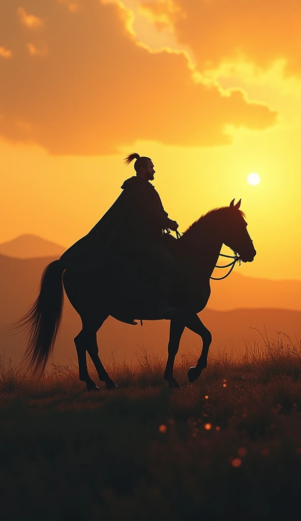 "The silhouette of Genghis Khan, riding across the vast steppes – an iconic image of power and mystery."