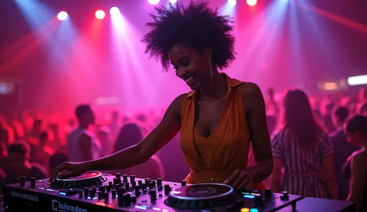 a high resolution photo of a beautiful black woman with modern, vibrantly colored clothes and stylish hairstyle commands a DJ table creating a party with electronic music for the audience, she seems happy and she is smiling, artificial lights in an electro...