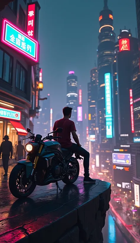 Anime illustration of cyberpunk city street scene with full of neon lights, and futuristic buildings, featuring a man sitting on his bike parked in a cliff motorcycle and seeing the beautiful city. The atmosphere is vibrant and bustling with people in high...