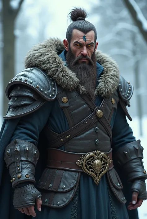 Wizard men in his 40s, brown bun, yellow eyes, winter armor, big scar on forehead, dark tattoo on face, mascule body