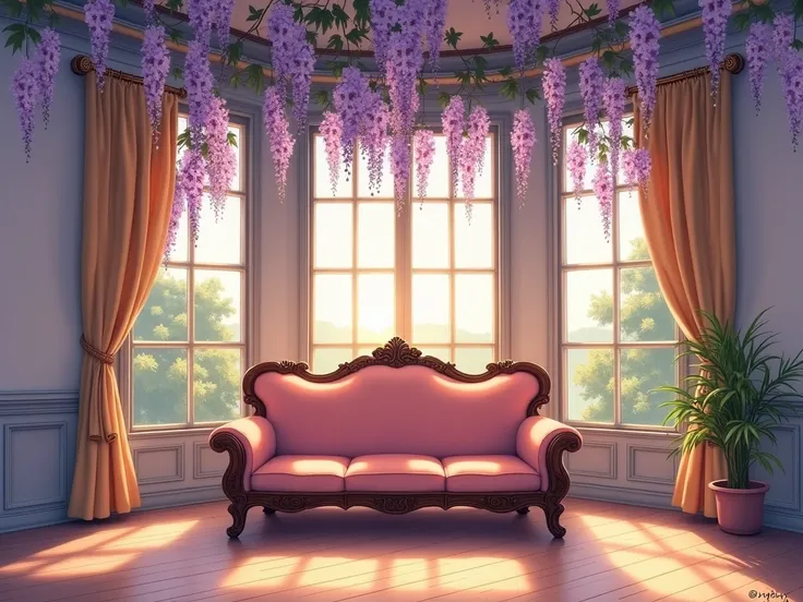 Anime style drawing，The interior of the European-style building ，A European-style wooden sofa ，There are windows in the back，The sun is shining in ， You can see the scenery outside the window，There are a few irregular wisteria flowers on the sofa and ceili...